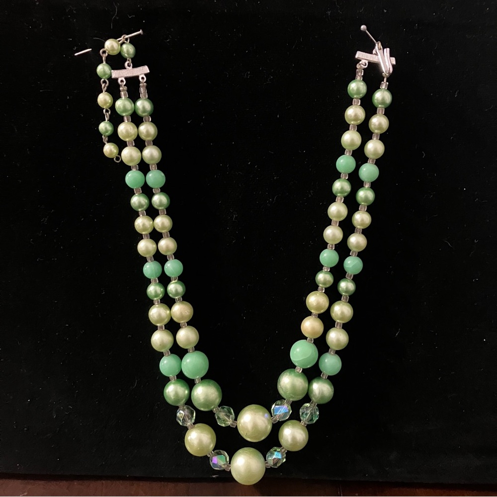 Vintage Mid-century 2-Strand Green Beaded Costume Necklace Made in Japan